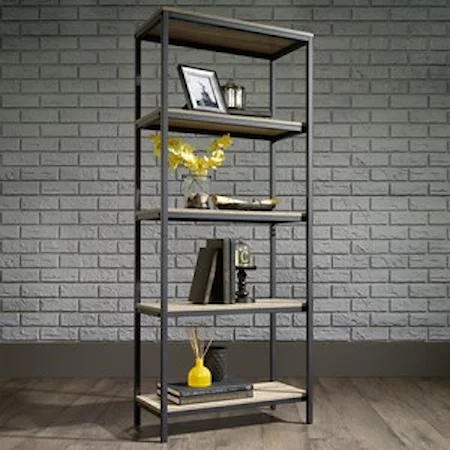 Metal Tall Bookcase with Rustic-Look Shelves